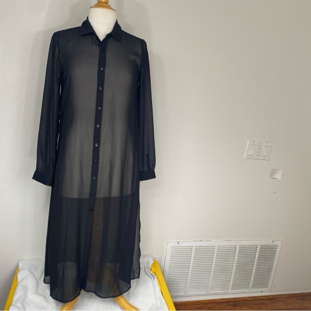 Decree Womens Black Collared Sheer Button Front Long Sleeve Tunic Shirt Size M